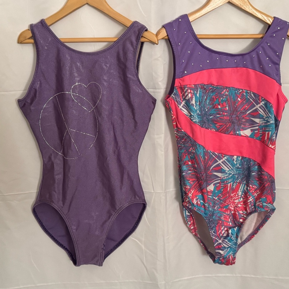 2 Freestyle Purple and Multicolor Gymnastics Leotards, size 8-10